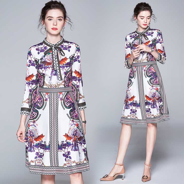 楽天市場 4月13日時 新作 スカーフ柄ボウタイワンピース スカーフ柄ボウタイワンピース ワンピース ドレス ドレス 二次会 結婚式 大人 上品 入園式 卒業式 入学式 Ol レディース 春 夏 秋 冬 Lideel リデール