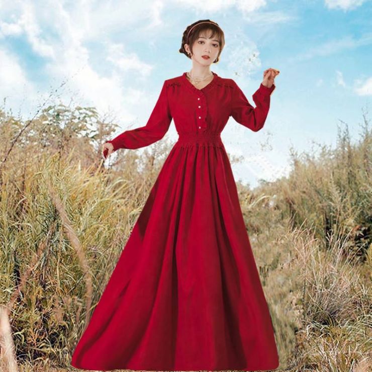 楽天市場】スタンドカラー長袖レトロロングワンピース □ ワンピース