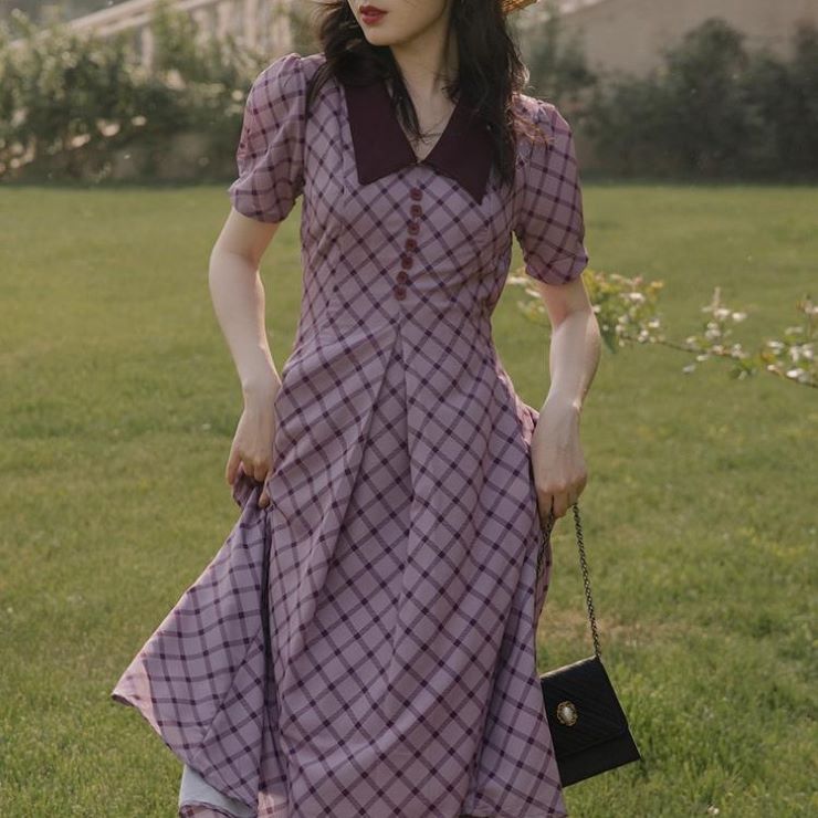 8月代30年月日間 新作 格子縞レトロフロック 格子縞レトロワンピース ワンピース 縁結び ワンピ 二次典 入館祝典 入園式 卒業式 アダルト 嬋媛 Ol レディース ロング身の丈 半袖 柄物 春 サマー オータム 冬期 Nenewsroom Com