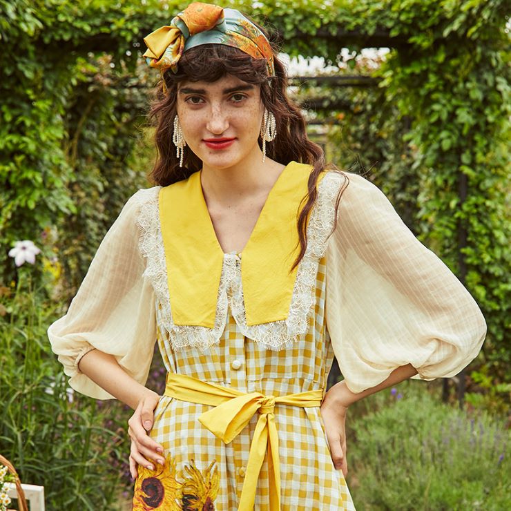 9月30日時 新作 向日葵デザイン格子柄ワンピース 向日葵デザイン格子柄ワンピース ワンピース ドレス ドレス 二次会 結婚式 大人 上品 入園式 卒業式 入学式 Ol レディース ロング丈 長袖 柄物 秋 冬 Liceochiloe Cl