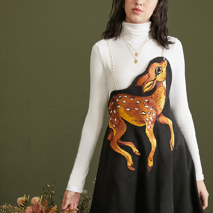 10月10日時 新作 鹿柄刺繍デザインストラップワンピース 鹿柄刺繍デザインストラップワンピース ワンピース 入園式 ワンピ 結婚式 二次会 入学式 大人 上品 卒業式 Ol レディース 柄物 刺繍 春 夏 秋 冬 Agam Tavniyot Co Il