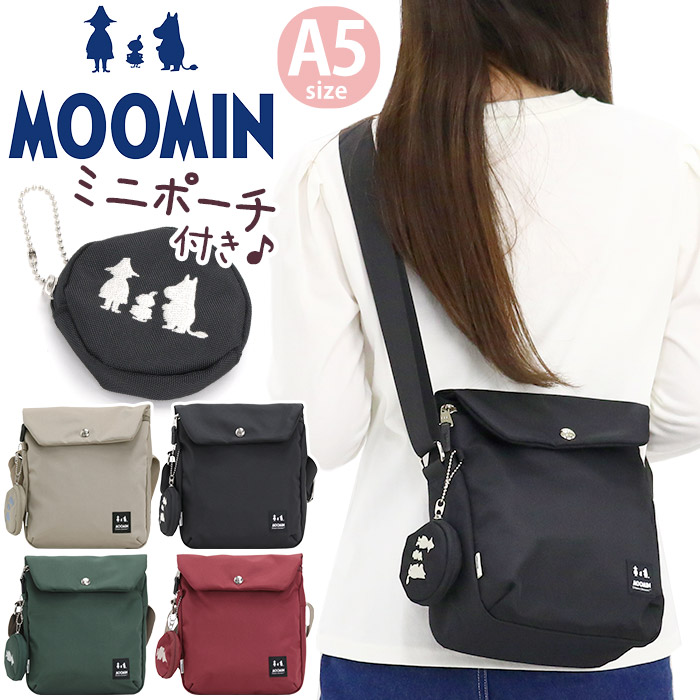 ショルダーバッグ レディース MOOMIN ムーミン ショルダー バッグ 口折れ フラップ 肩掛け 斜め掛け ミニショルダー 男女兼用 かばん かわいい ミイ リトルミイ ニョロニョロ スナフキン サブバッグ 旅行 軽量 おしゃれ シンプル ブラック 黒 A5 2.5L RMNK-01