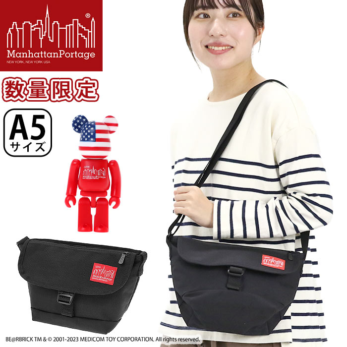 ManhattanPortage マンハッタンポーテージ ショルダーバッグ 限定モデル BE＠RBRICK ベアブリック 正規品 メッセンジャーバッグ ショルダー フラップ バッグ 黒 ブラック A5 Nylon Messenger Bag Flap Zipper Pocket w MP1603FZPBE@RBRICK23