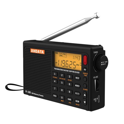 XHDATA R108 小型短波ラジオ BCLラジオ ポータブル 高感度受信 FM/AM/LW/SW/エアバンド ワイドFM対応 航空無線 USB Type-C充電式 電池式 DSPレシーバー LCD アウトドア 両親への贈り物(黒い)｜りあんの通販