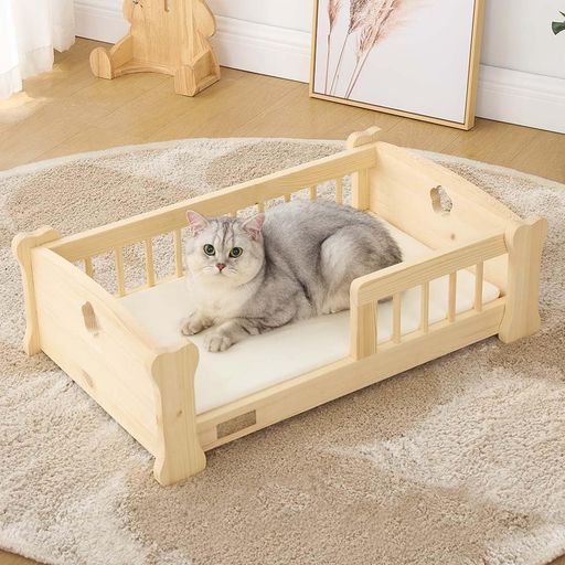 UNIPAWS ペットベッド 木製 北欧風 犬 猫 小型犬用 クッション付き 低床設計 通気性 ナチュラル おしゃれ 75x45x23CM｜りあんの通販