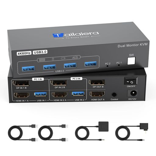 HDMI DP KVM切替器 4K@60Hz 2モニタ2コンピュータ、2入力2出力スイッチ、 4つのUSB 3.0ポートのため2台のコンピュータで2モニタ/キーボード/マウス/プリンタを共有 HDMI+DP｜りあんの通販