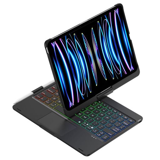 360度回転させる式鍵盤容れもの用のiPadPro11in(M5/M4、2025/2024)手当たりパッド7色バックライトペンシル納める無線電話bluetooth鍵盤軽銀Pencil納める黒