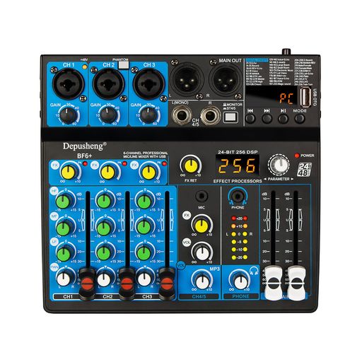 Depusheng BF6+ ポータブル ミニ ミキサー 6 チャンネル オーディオ ミキサー DJ コンソール Bluetooth 機能、48V ファンタム電源、PC レコーディング ウェブキャスト パーティー用 USB 256 DSP 付き｜りあんの通販