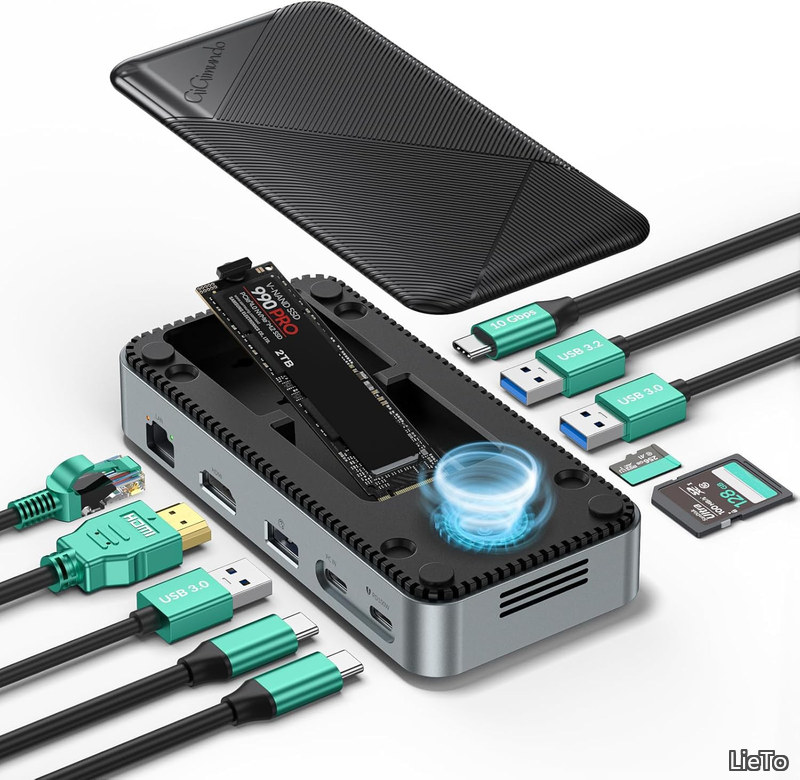 【送料無料】10-in-1 M.2 SSD 外付けケース 10Gbps M.2 NVMe SSDエンクロージャー付きUSB Cハブ 内蔵ファン ドッキングステーション 高速データ伝送 M.2 NVMe/SATA SSDリーダー 4K@60Hz HDMI SD/TF PD 100W急速充電 Windows Mac OS用マルチポートドック GAM2P9 (V1-ファン)|LieTo