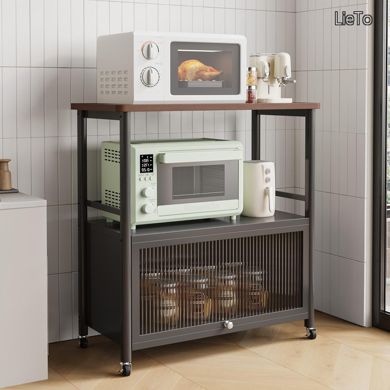 【送料無料】キッチンボード 作業台 幅80cm 奥行38cm おしゃれ キャビネット 炊飯器 電子レンジ 扉付き ブラック｜LieTo