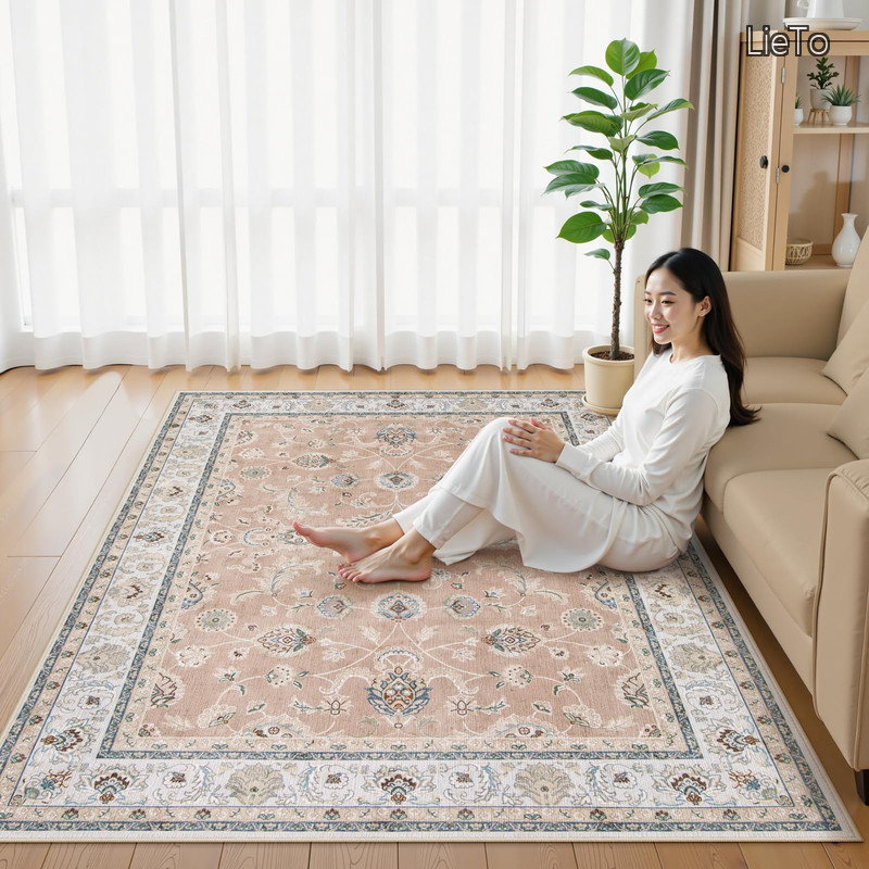 【送料無料】カーペット 200х300cm 4畳 ペルシャ風 ラグ 洗える 滑り止め オールシーズン適用 花柄 防音 耐磨耗性 軽量 抗菌防臭 リビング ダイニング アンティーク ラグマット コーラルピンク｜LieTo