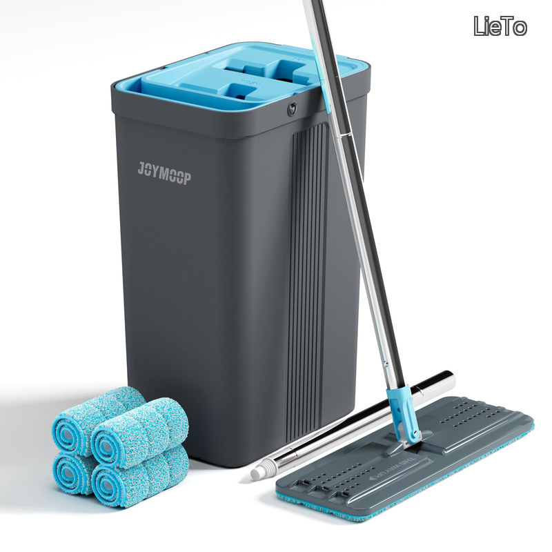 【送料無料】モップとバケツセット 絞り器付き 床掃除用モップ ロングハンドル付き壁モップクリーナー 再利用可能なマイクロファイバーモップパッド4個付き - グレー+シアンブルー|LieTo