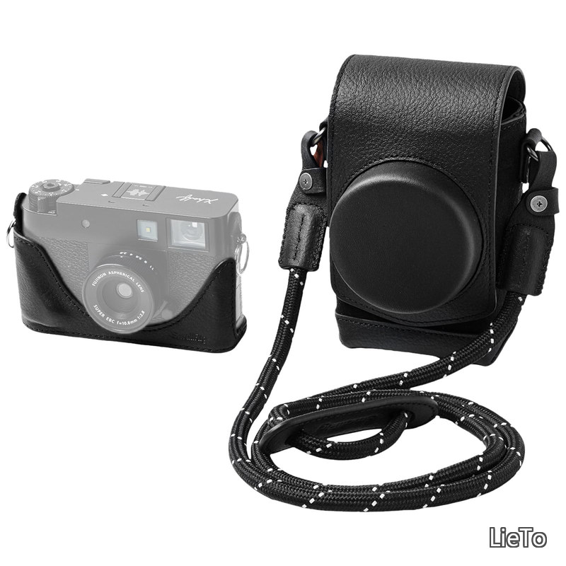 【送料無料】FUJIFILM対応 X Half用レザーケースキット レトロスタイルフルカバーキャリングバッグ ハーフレザーケース カードポケット内蔵 持ち運びやすく 織りショルダーストラップで保護(ブラック)5219|LieTo