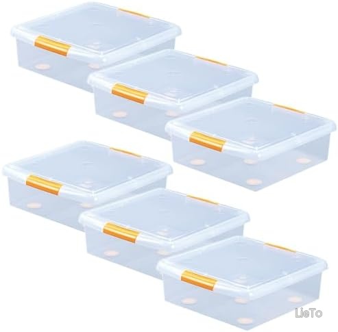 【送料無料】6個セット 薄型収納ボックス 幅47.5&times;奥行45&times;高さ16.5cm クリア/オレンジ 小物収納に便利｜LieTo