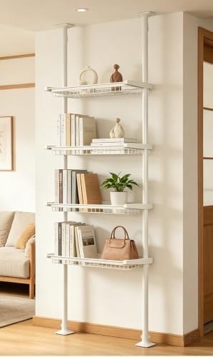 【送料無料】突っ張りラック つっぱり棚 幅62cm 高さ145~296cm 4段バスケット付き 穴あけ不要 設置簡単 スリム 伸縮式 棚高調整可能 省スペース 賃貸対応 ウォールラック 多用途収納 キッチン ランドリー トイレ ホワイト 防錆コーティング おしゃれ|LieTo