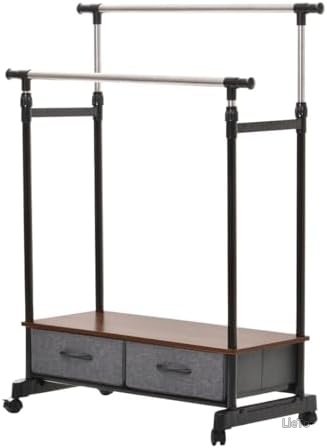 【送料無料】伸縮可能 ダブルハンガーラック 引出し2個付き 幅88～150cm 高さ114～160cm ブラック 衣類収納 大容量 省スペース ランドリーラック 室内干し キャスター付き 木目調天板｜LieTo