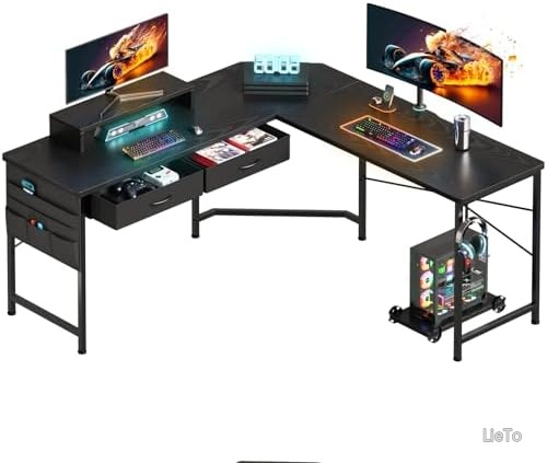 【送料無料】L字デスク 125cm ゲーミングデスク PCデスク 収納袋付き 引き出し付き 学習机 ブラック 組み立て簡単｜LieTo 10,479円