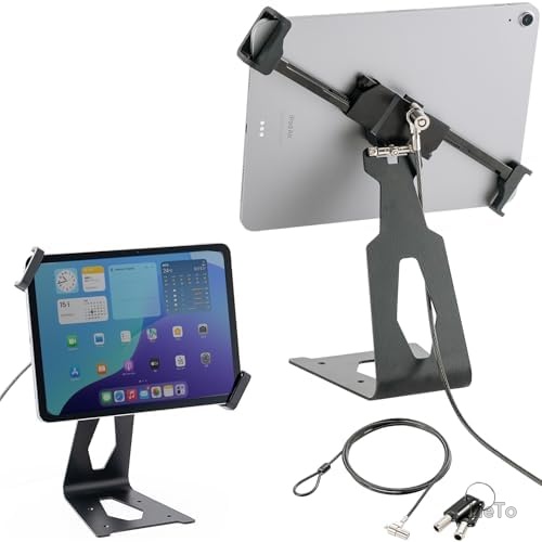 【送料無料】防犯タブレットスタンド 7～13インチ対応 盗難防止ワイヤー1.8m 鍵2個付き 角度調整 360度回転 ネジ固定 店舗受付 展示会 業務用 安心安全｜LieTo