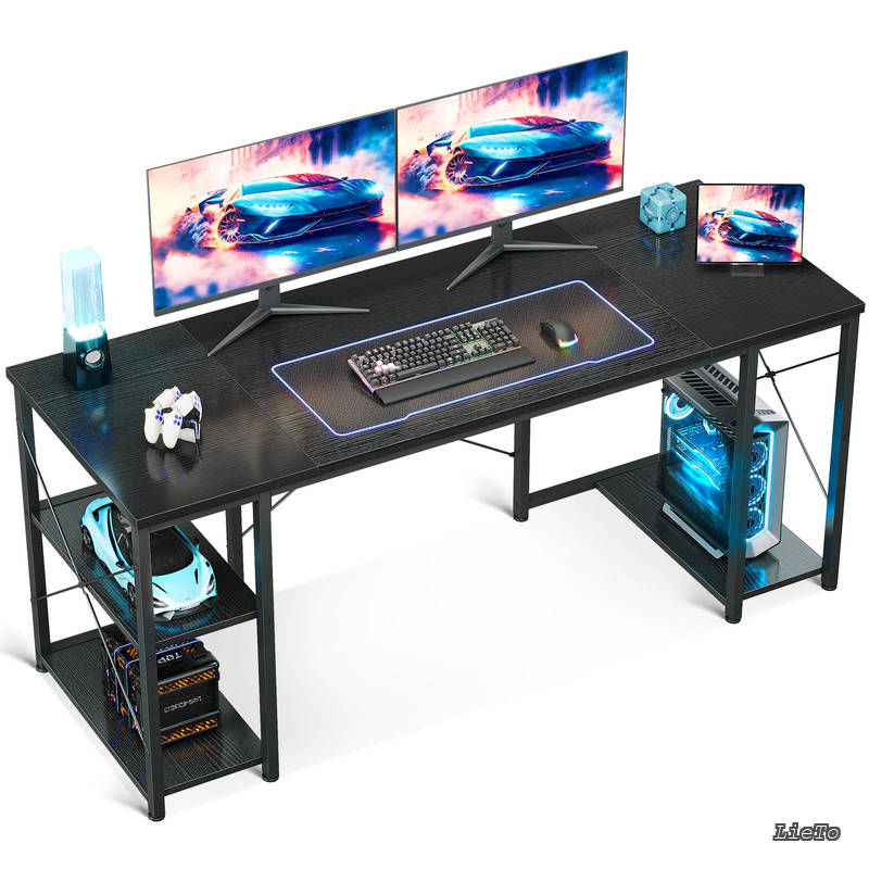 【送料無料】ゲーミングデスク パソコンデスク 机 pcデスク 幅160cm 両側ラック&CPUスタンド付き gaming desk ゲームデスク 勉強机 オフィスデスク 在宅ワークデスク 長机 左右入れ替え対応 おしゃれ ブラック｜LieTo