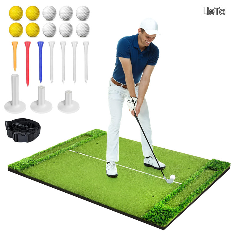 【送料無料】ゴルフマット 練習用 大型 2WAY芝 150&times;120cm ゴルフショット用マット ゴルフ 自宅 室内 屋外 素振り ドライバー スイング 練習用 人工芝マット ゴルフティー7個 ゴムティー3個 ゴルフボール10個 収納ベルト付き｜LieTo