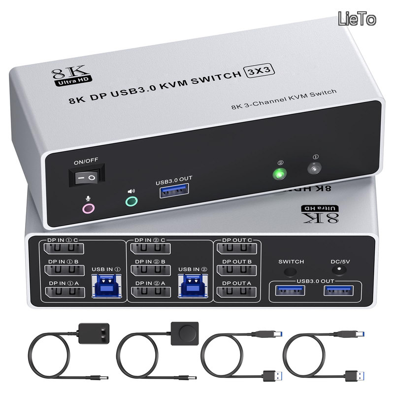 【送料無料】KVM 切替器 2 入力3 出力、8K@60Hz/4K@120Hz、ミラー/拡張モード 3 つの USB 3.0 ポート、KVMスイッチPC2台、モニター3台共有、キーボード マウスを2PCで共有、ハンドヘルド スイッチと USB ケーブルが付属｜LieTo