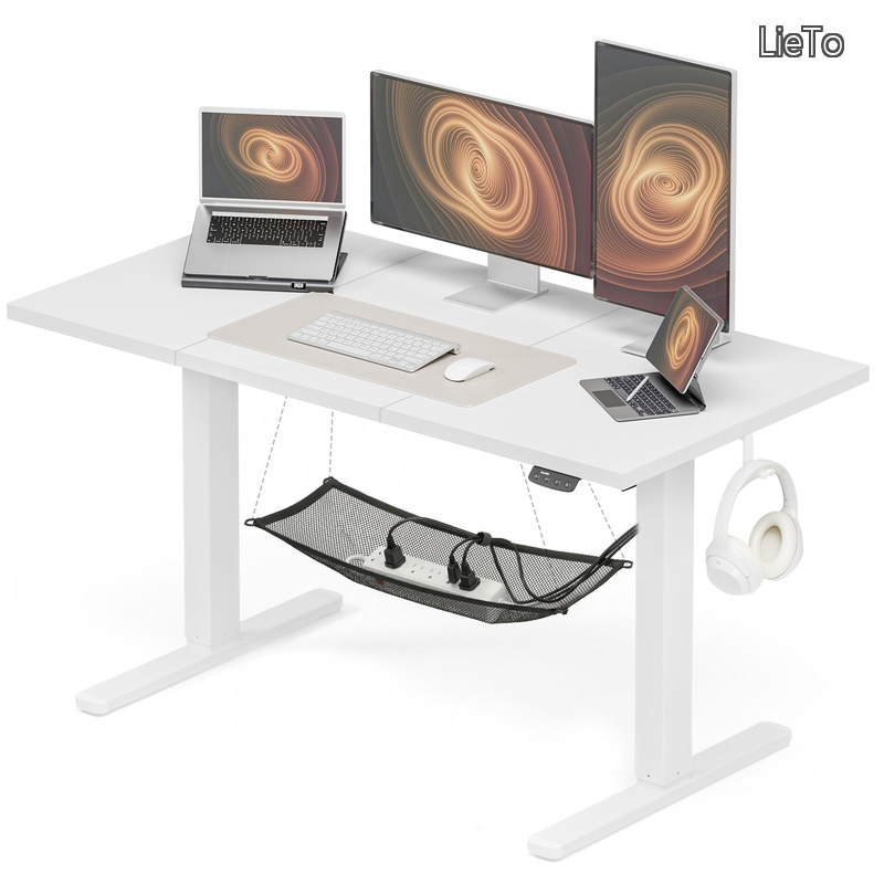 【送料無料】電動昇降デスク 昇降式テーブ スタンディングデスク 幅 120cm 耐荷重 80kg デスク下隠し収納 高さメモリー機能 静音 上下自動昇降 収納フック付き オフィス/テレワーク用 高さ調整可能【120×60×72-118cm】白天板|LieTo