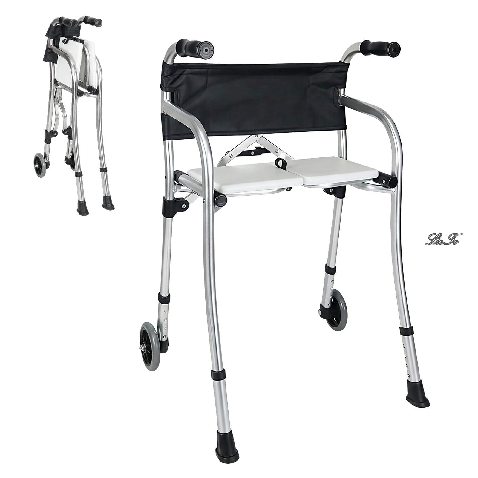 【送料無料】折りたたみ式 歩行器 大人軽量 歩行車 軽量アルミ製 4.2kg キャスター付き 座席付き 高さ4段調節 耐荷重 150kg 介護用品 大人の歩行器 高齢者用 組立不要 室内 屋外 取扱説明書付き(PM-901）｜LieTo
