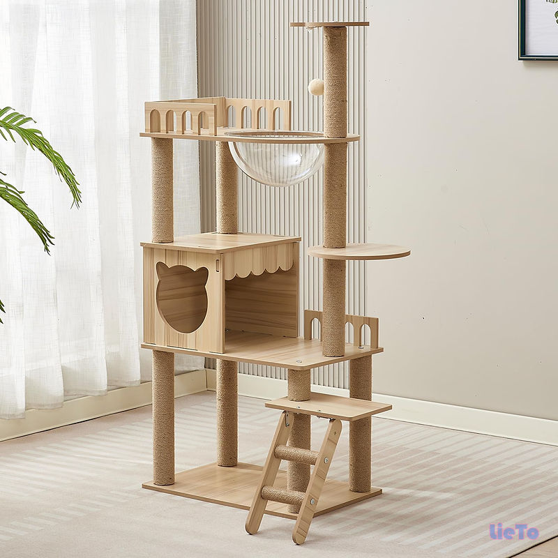 【送料無料】- スリムデザイン 大型猫用 老猫や肥満猫、子猫向けキャットハウス 宇宙船型透明ボウル 多頭飼い 対応 組み立て簡単 安定性 多段階のステップ 省スペース 天然麻紐の爪とぎ 運動不足解消 日本語説明書付き - キャットタワー 木製(135cm KT-1022)｜LieTo