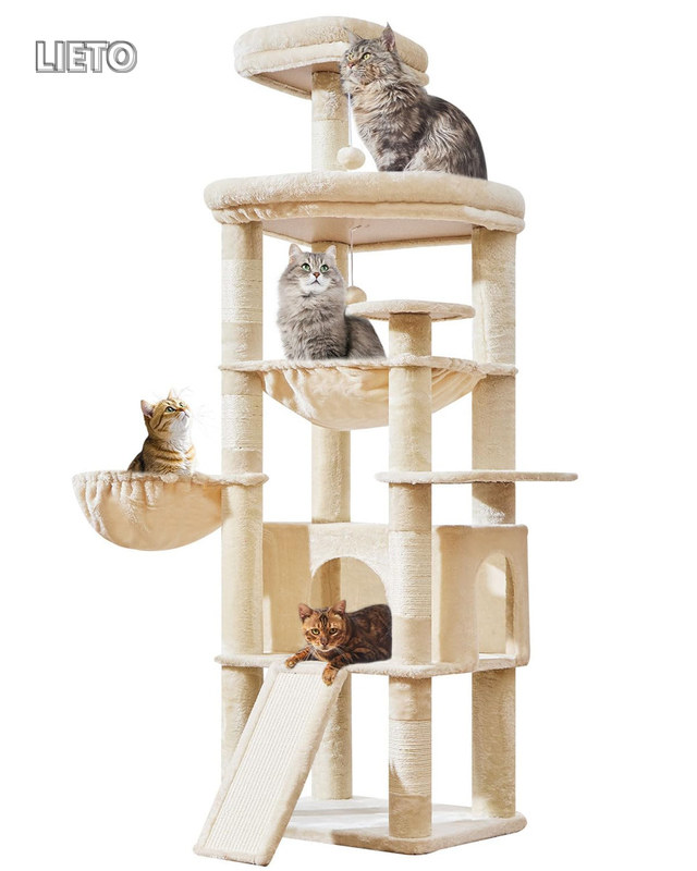 【送料無料】Taoqimiao キャットタワー 高さ約183cm 大型猫用 多頭飼い 猫タワー 据え置き型 省スペース 運動不足解消 安定感 天然麻紐の猫の爪とぎボード 特大扇形展望台 超スリム 猫ハウス 大型スクラッチボード 爪とぎポール5本 ハンモック バスケット 転倒防止ストラップ｜LieTo