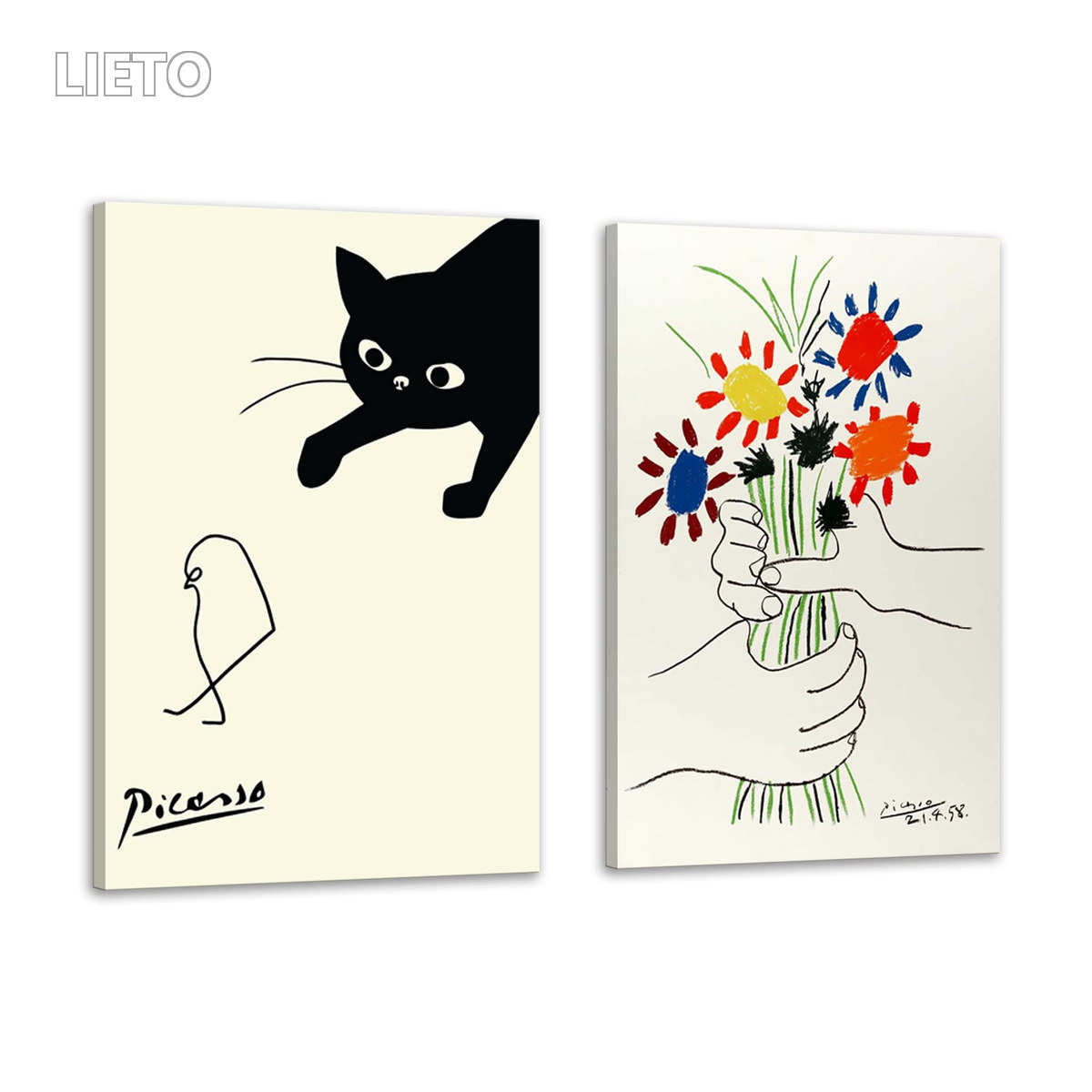 【送料無料】アート ポスター ピカソ 鳥を捕まえる猫 ネコとひよこ 絵画 ピカソ 猫 動物 壁画 パネル 飾り絵 部屋飾り 壁掛け 玄関 木枠付きの完成品(40x60cm x2Pcs)｜LieTo