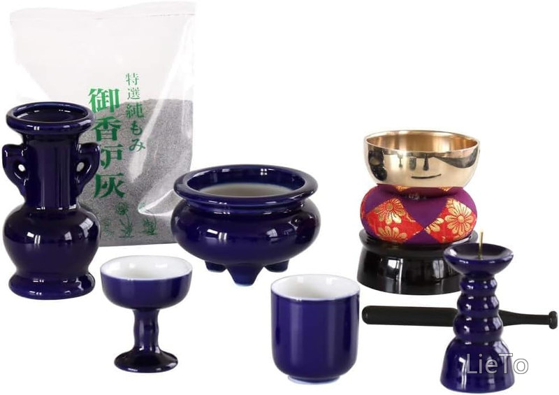 【送料無料】仏具セット 瑠璃色 無地 ルリ 陶器 5点+おりんセット 香炉灰付 モダンミニ仏壇用｜LieTo