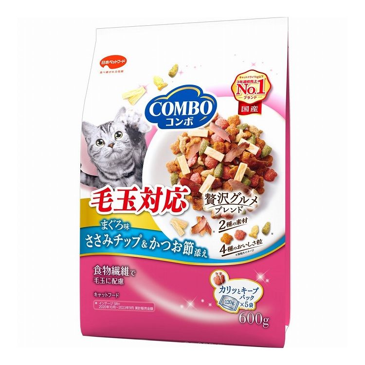 【12個セット】 日本ペットフード コンボキャット毛玉対応まぐろ味・ささみチップ・かつお節添え600g｜スペシャルスペース　ペット館