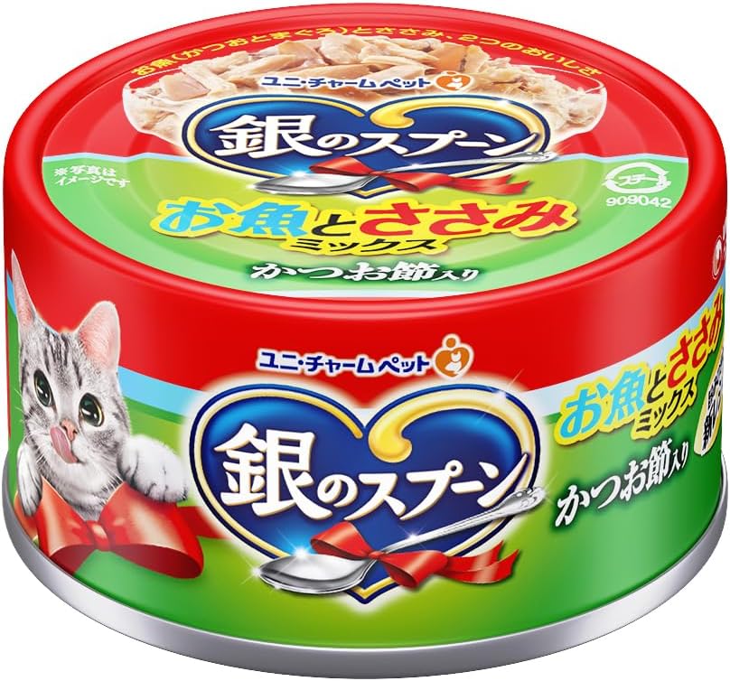 【48個セット】ユニ・チャーム 銀のスプーン缶 お魚とささみミックスかつお節 70g