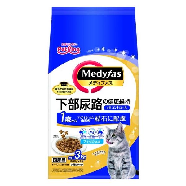 【4個セット】 ペットライン メディファス 猫用 1歳～ フィッシュ味 国産 3kg（500g&times;6袋）｜スペシャルスペース　ペット館