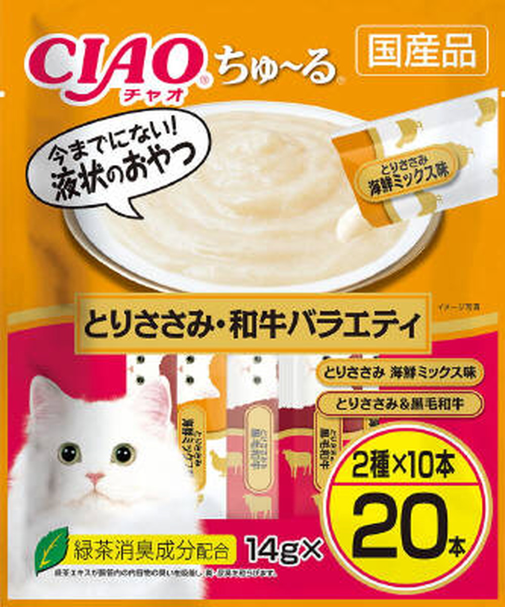 【16個セット】いなばペットフード CIAOちゅ～るとりささみ・和牛バラエティ14g×20本