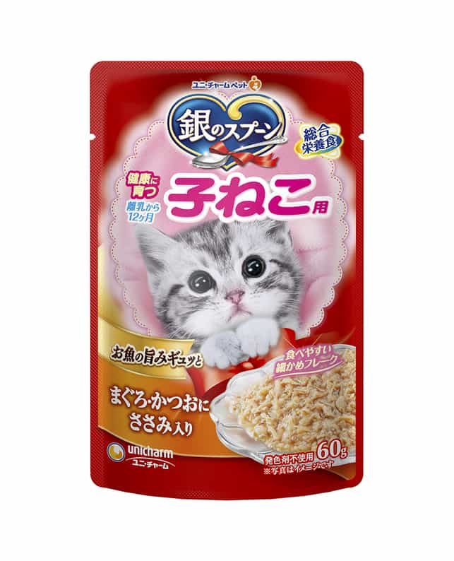 【160個セット】ユニ・チャーム 銀のスプーン パウチ 健康に育つ 子ねこ用 まぐろ･かつおにささみ入り 60g