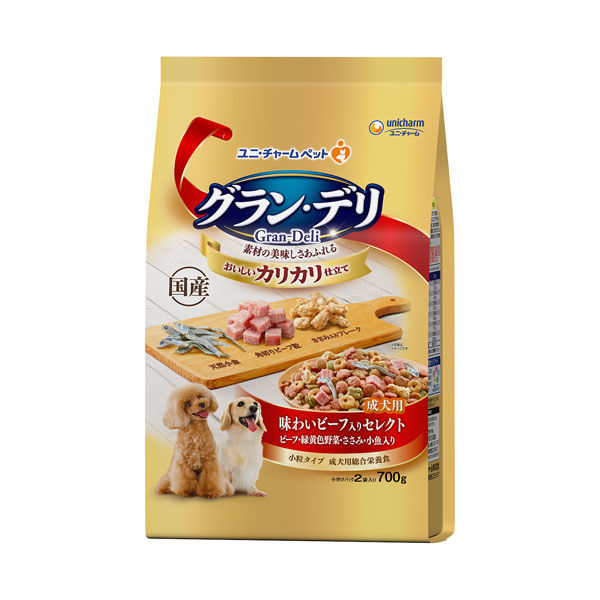 【6個セット】ユニ・チャーム グラン･デリカリカリ仕立て成犬用味わいビーフ入りセレクトビーフ･緑黄色野菜･ささみ･小魚入り700g