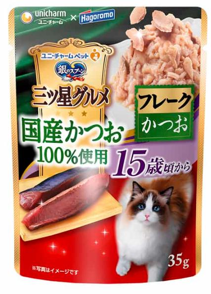 【120個セット】ユニ・チャーム 銀のスプーン三ツ星グルメパウチ国産かつお100%使用フレーク15歳頃からかつお35g