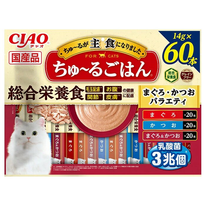 【4個セット】いなば CIAOちゅ~るごはんまぐろ・かつおバラエティ14g×60本