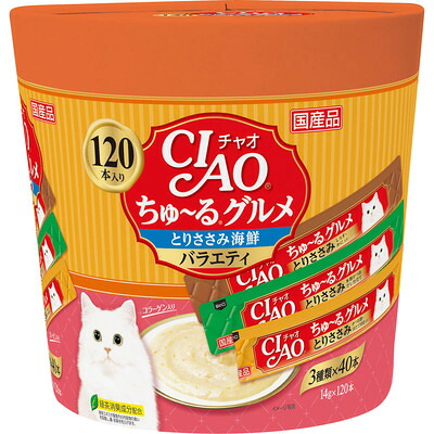 【4個セット】いなば CIAOちゅ～るグルメ120本とりささみ海鮮バラエティ14g×120本