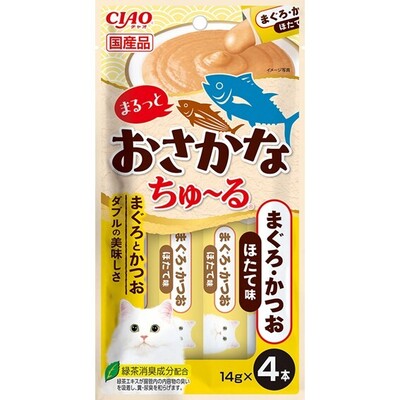 【48個セット】いなばペットフード株式会社　ＣＩＡＯ　まるっとおさかなちゅーる　まぐろ・かつお　ほたて味１４ｇ×４Ｐ