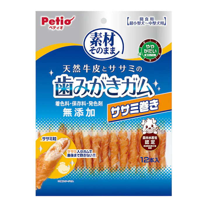 【30個セット】ペティオ 素材そのまま　天然牛皮とササミの歯みがきガムササミ巻き１２本入