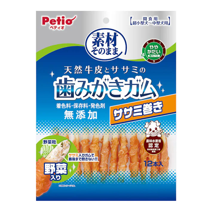 【30個セット】ペティオ 素材そのまま　天然牛皮とササミの歯みがきガムササミ巻き　野菜入り１２本入 7,775円