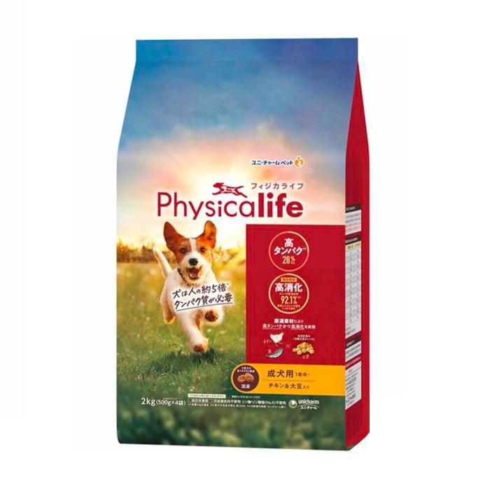 【同梱不可】【4個セット】 ユニ・チャーム Physicalife 成犬用 チキン&大豆入り 2kg|スペシャルスペース ペット館