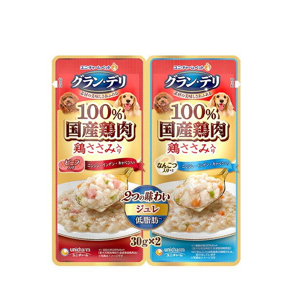 【同梱不可】【60個セット】ユニ・チャーム グラン・デリ パウチ2つの味わい成犬用ジュレビーフ&なんこつ 30g×2