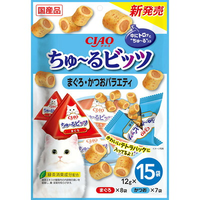 【同梱不可】【8個セット】いなばペットフード CIAO ちゅ～るビッツ まぐろ・かつおバラエティ 12g×15袋