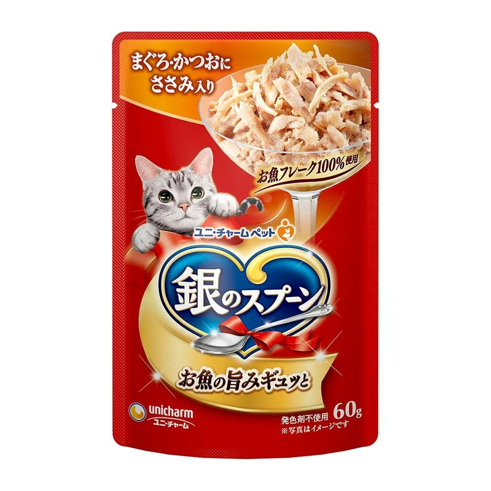 【同梱不可】【160個セット】ユニ・チャーム 銀のスプーンパウチまぐろ･かつおにささみ入り60g