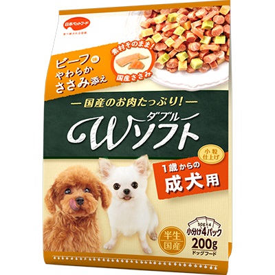 【同梱不可】【18個セット】日本ペットフード ビタワン君のWソフト成犬用お肉を味わうビーフ味粒・やわらかささみ入り200g｜スペシャルスペース