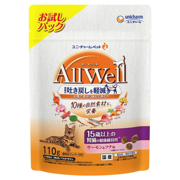 ユニチャームペット 【同梱不可】【24個セット】ユニ・チャームペット AllWell10種の自然素材15歳以上の腎臓の健康維持用サーモン＆ツナ味 110g