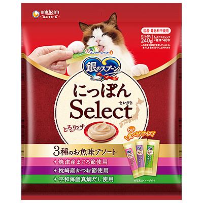 【同梱不可】【14個書き割り】 ユニ・チャーム 銀の刀圭三ツ星食い道楽おやつとろ資産家３種のお魚味アソート まぐろ節＆かつお節２４０ｇ